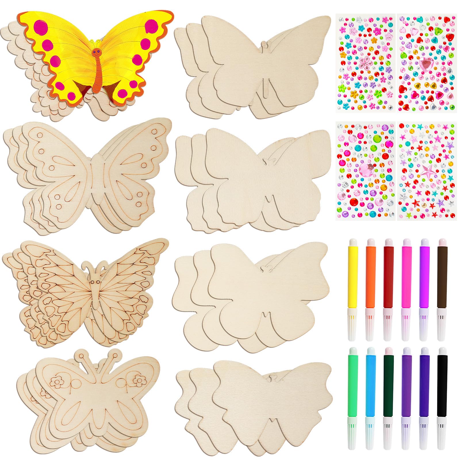 TAIHOBO 24PCS Butterfly Arts and Crafts for Kids, End of Term Gifts for Children with Watercolor Pencils, Party Craft Set with Gemstone Stickers for Christmas, Crafts for Kids for Children DIY