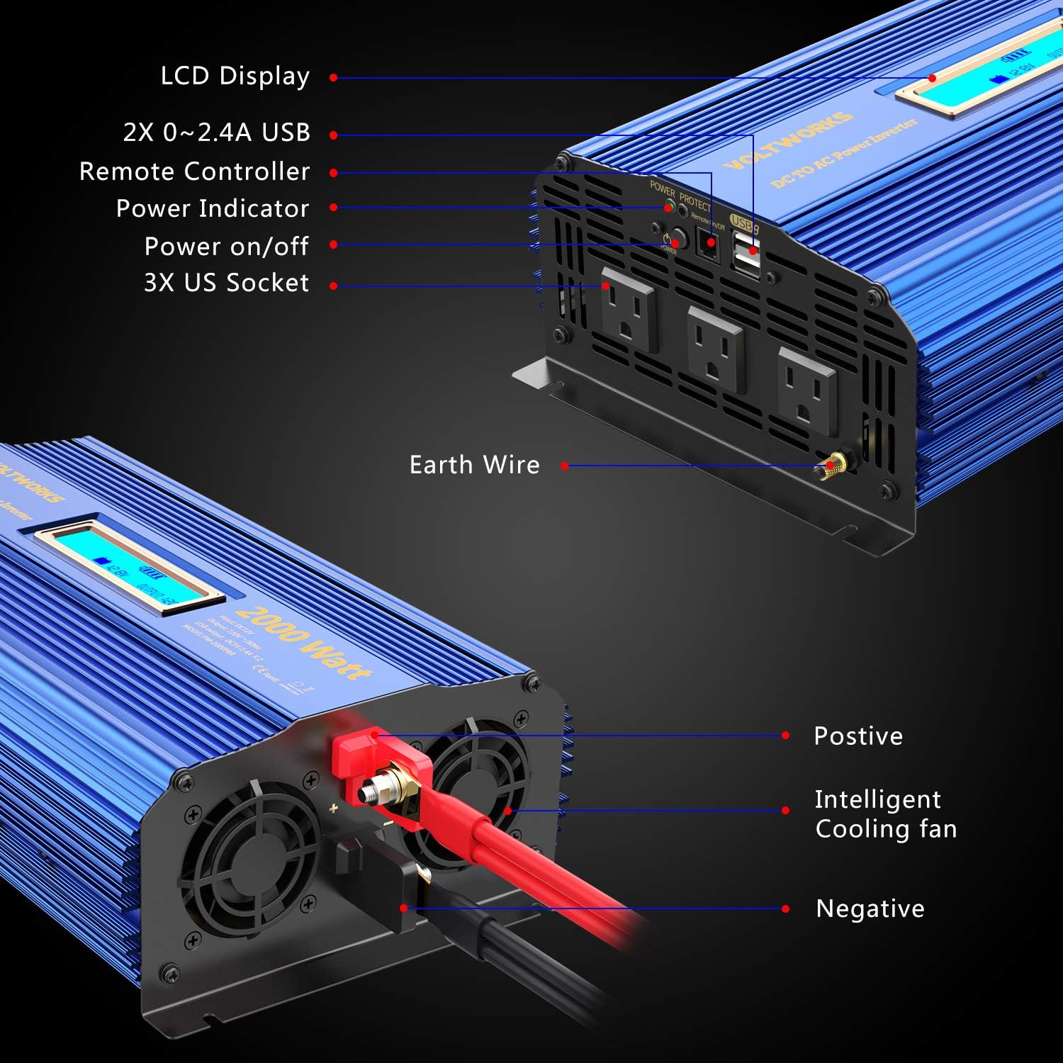 Power Inverter 2000w DC 12V to AC 120V Modified Sine Wave Inverter with 3AC Outlets Dual 2.4A USB Ports Remote Control LCD Display for Car RV Truck Boat: Electronics
