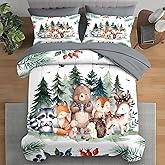 Pamnest Comforter Set Twin Size, Woodland Animal 5 Pcs Bedding for Kids and Adults, Fox Cute Bear Bed Sheet Sets with Fitted Sheet Pillowcase & Sham for Bedroom Bed Decor