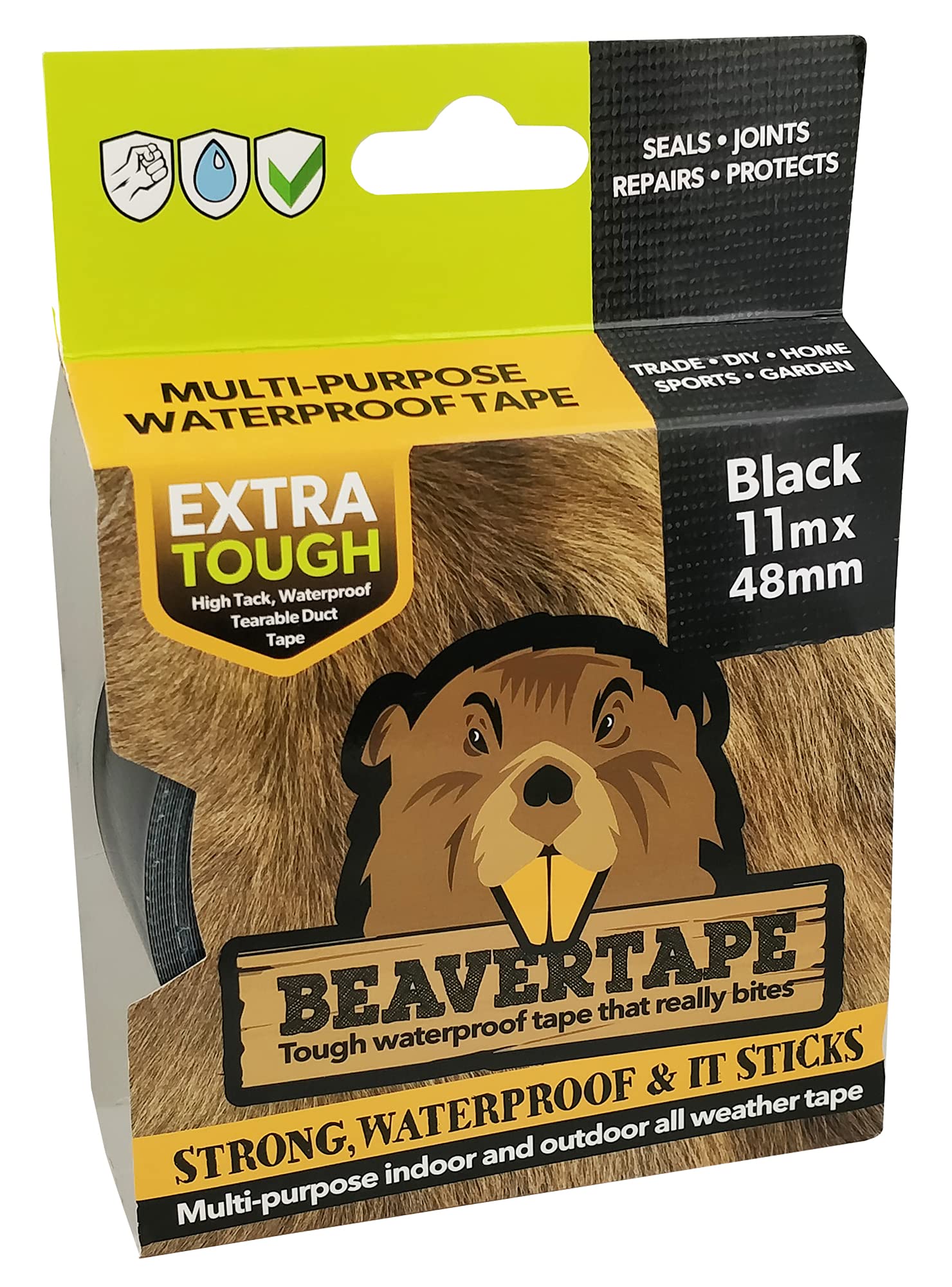 Beavertape Duct Tape Black 48mm x 11m Single Roll Heavy Duty Strong & Super Sticky Indoor/Outdoor Waterproof High Strength Cloth Fabric Reinforced Builders Tape Professional Trade Rated or Home Use