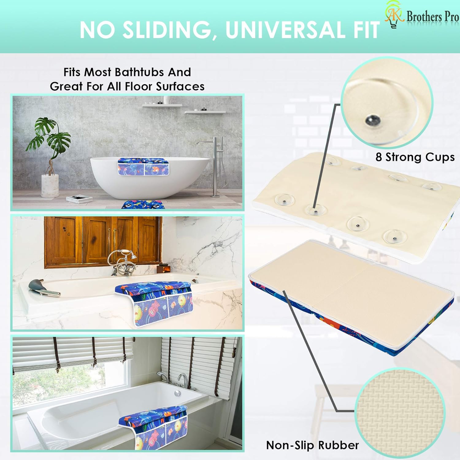 AK Brothers Bath Kneeler with Elbow Rest pad Set, Kneeling Mat with Three Extra Bonuses, Inflatable Spout Cover, Mesh Toys Organizer, 4 Colorful Decorative Tub Mats Toys in Tote Bag. Baby Shower Gift : Baby