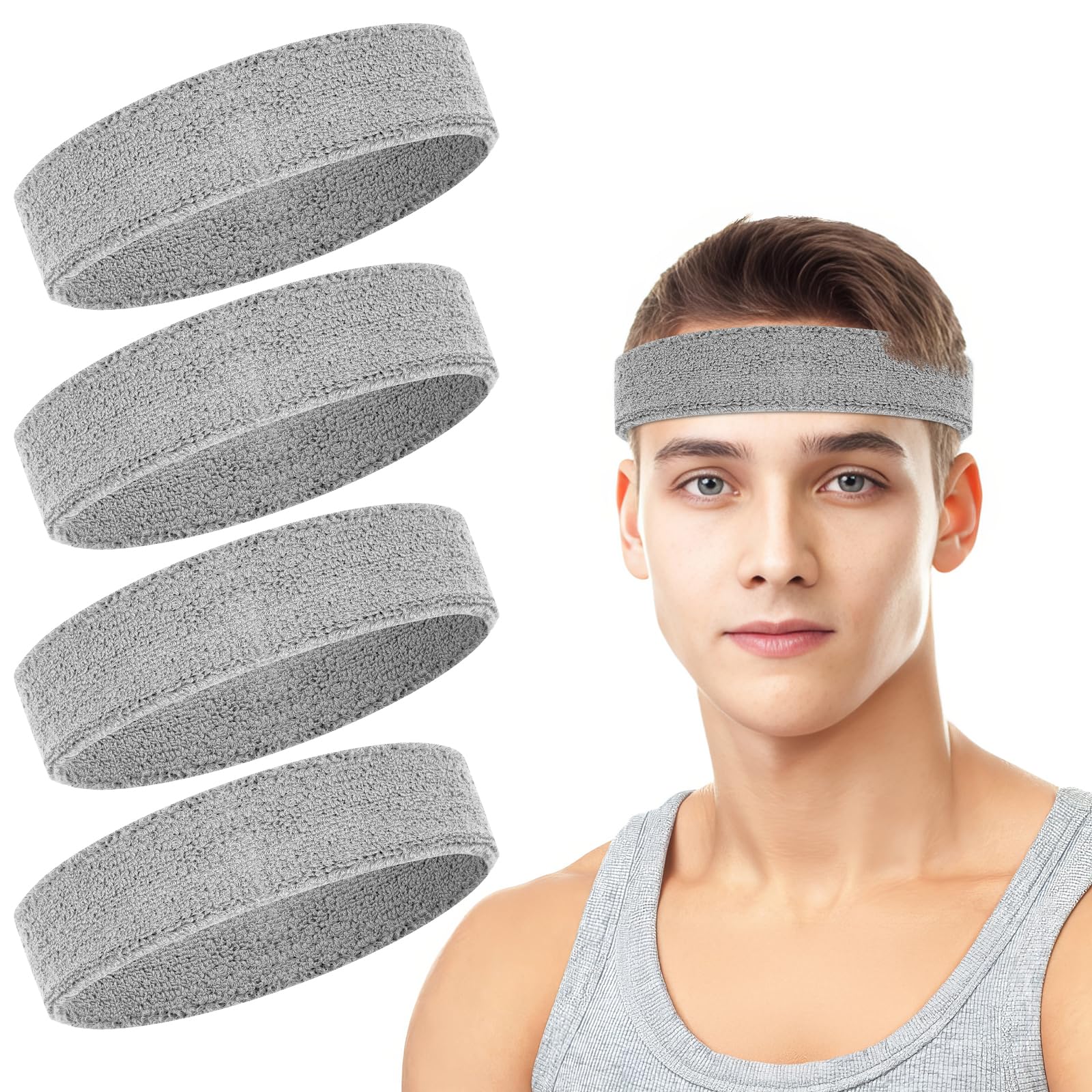 Photo 1 of 4 Pack Headbands for Men, Sweat Bands Headbands Men & Women, Cotton Terry Sweat Bands for Tennis, Basketball, Running, Gym, Working Out (Gray)