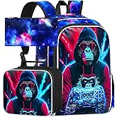 gxtvo 3PCS Game Backpack for Kids, 17" Boys Gorilla Bookbag with Lunch Box, Water Resistant Middle Elementary School Bag - Gaming Gorilla