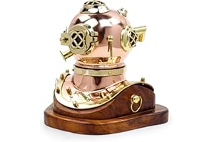 6" Polished Brass & Copper Mark V Dive Helmet w/Wood Base | Authentic Diver's Nautical Helmet for Decor | Nagina Internationa