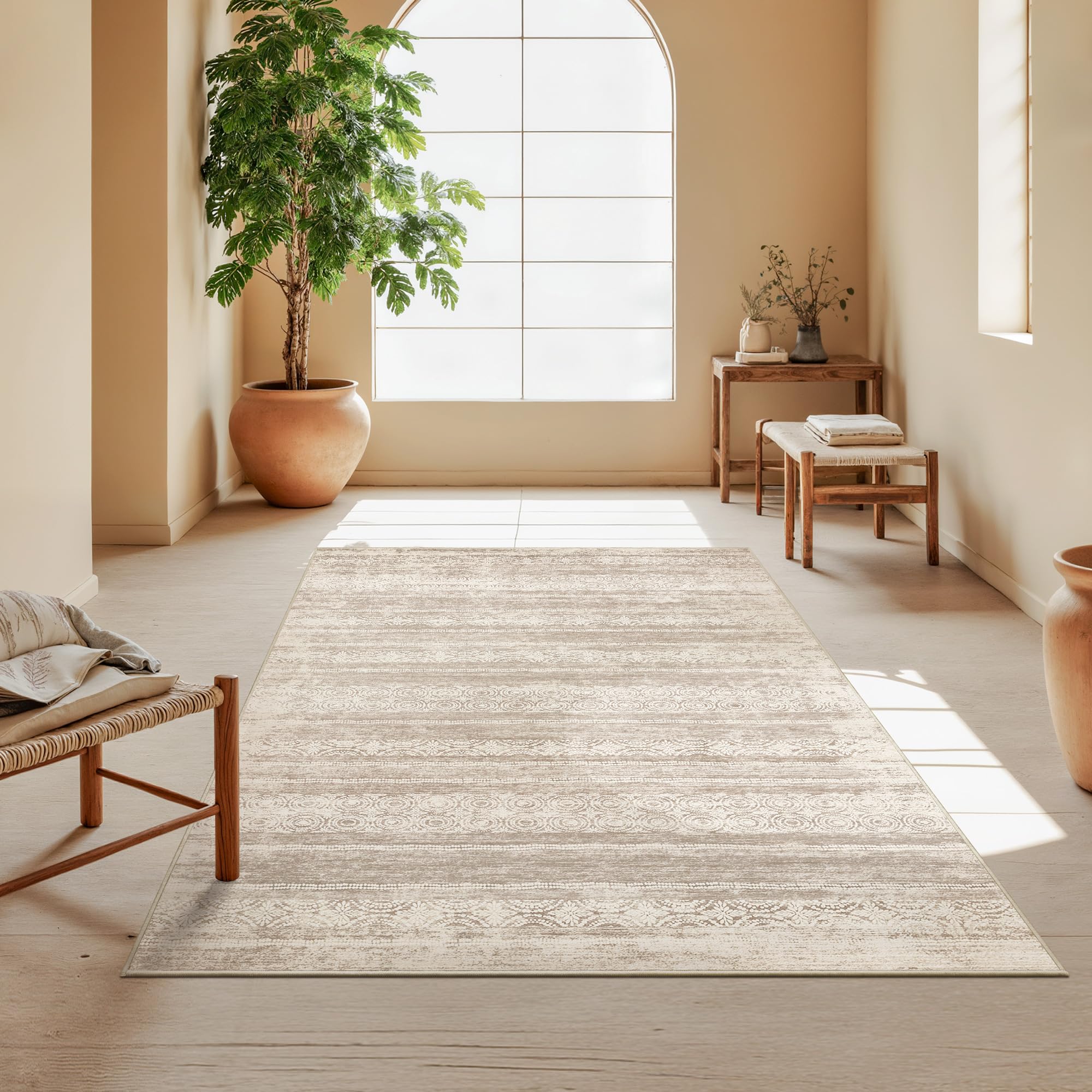 Photo 1 of 4x6 Washable Area Rug Modern Abstract Low Pile Non Slip Carpet Neutral Brown for Living Room Bedroom Under Dining Table Indoor Floor Mat (Brown,4'x6')