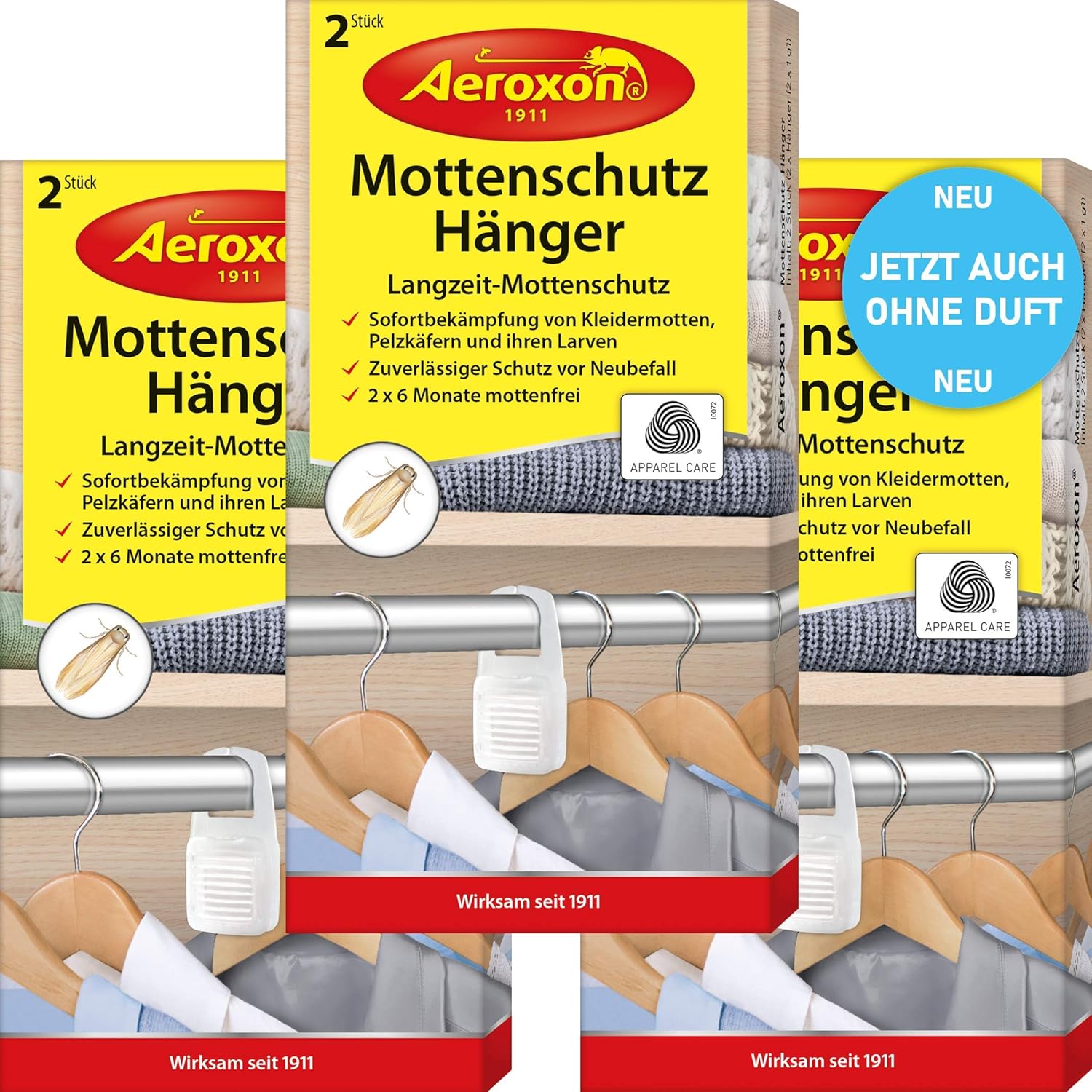 Aeroxon Mottenschutz-Hänger - 3x2 Stück - NEU vollkommen geruchlos - Verlässliche, starke und schnelle Bekämpfung von Kleidermotten - Mottenschutz für Kleiderschrank