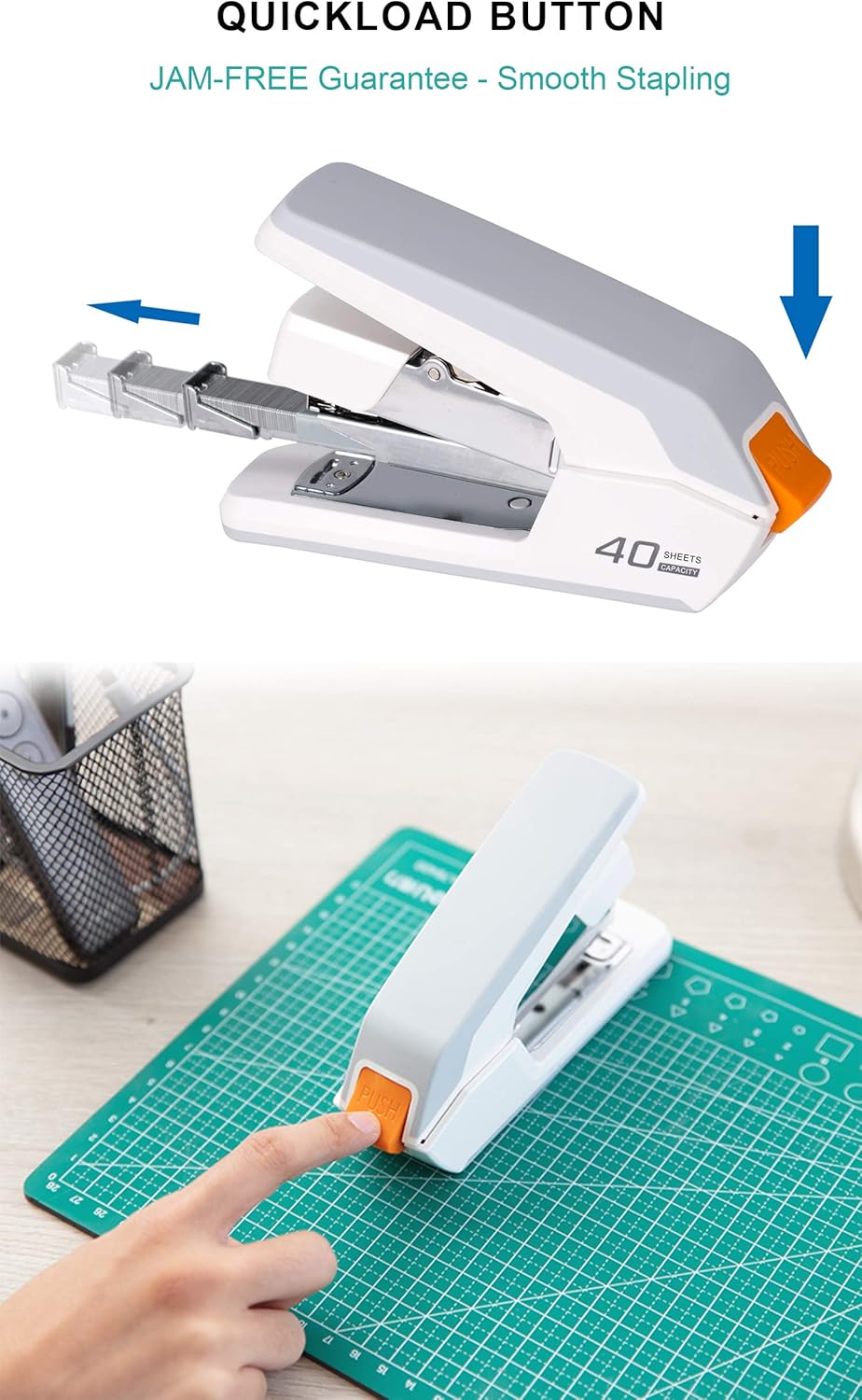 Deli Effortless Desktop Stapler, 40-50 Sheet Capacity, One Finger Touch Stapling, Easy to Load Ergonomic Heavy Duty Stapler, Includes 1500 Staples and Staple Remover : Office Products