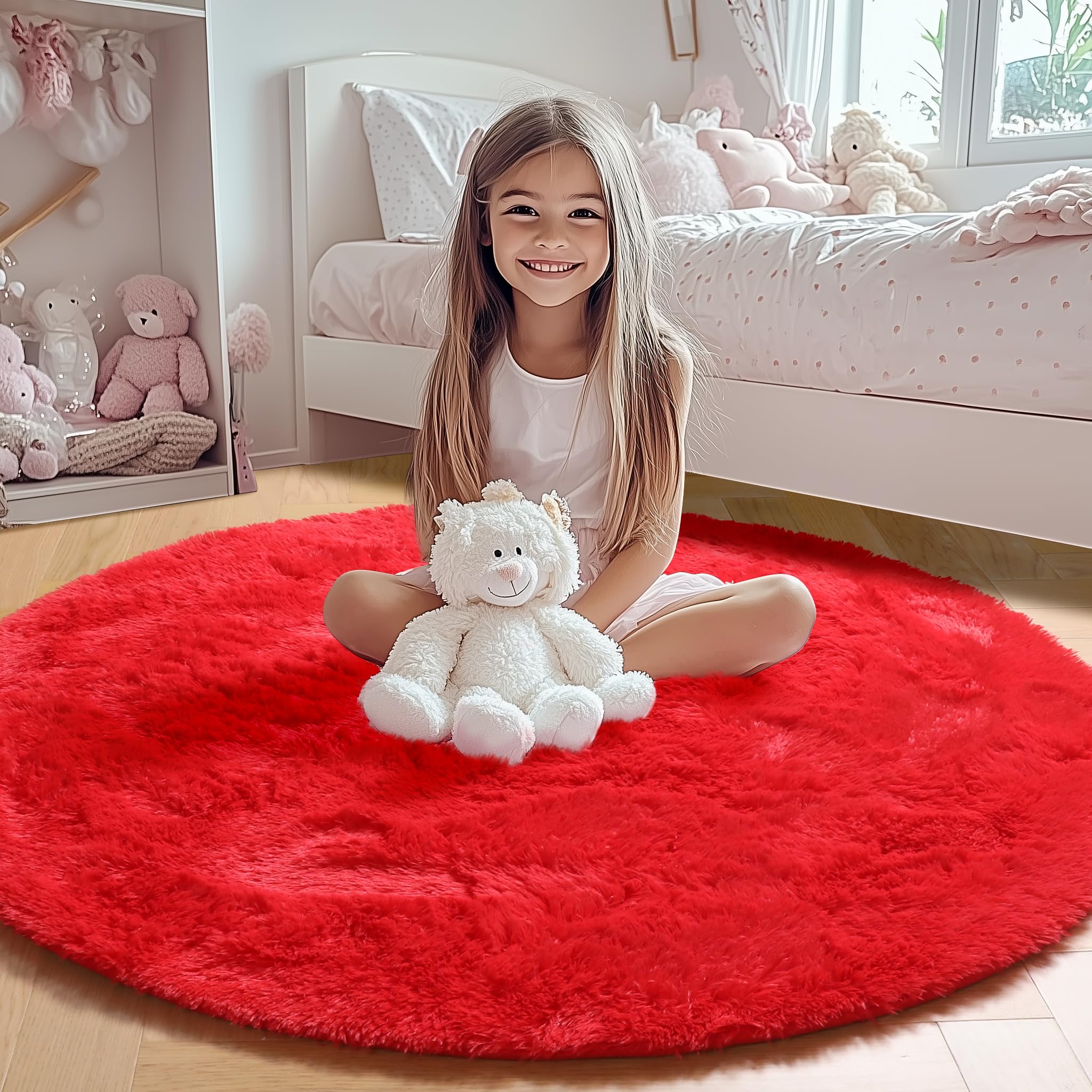 ONASAR Red Round Area Rug 4x4, Soft Bedroom Circle