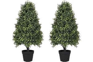 Azoco 30" Boxwood Topiary Trees Artificial Outdoor Set of 2, UV Resistant Faux Plants for Front Porch Planters, Realistic Cone-Shaped Fake Bushes & Shrubs, 2.5ft Evergreen Decoration