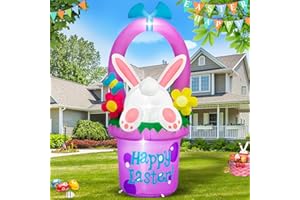MICOCAH 6 FT Easter Inflatables Outdoor Decorations, Inflatable Easter Bunny Hidden in Flowers Basket Built-in LED Lights Cute Blow Up Yard Decoration for Spring Holiday Party Lawn Garden Decor