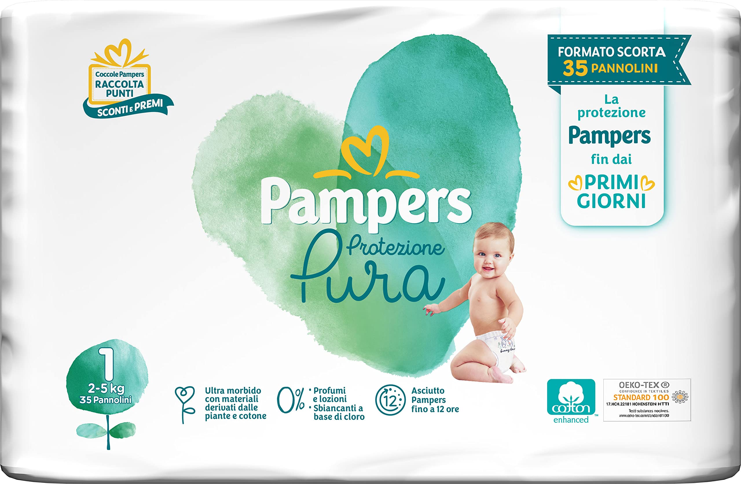 Pampers Newborn, couches contenant du Coton et des matériaux naturels dérivés des plantes, 0% Parfum, Enfants unisexes, Taille 1 (2 à 5 kg), lot de 35