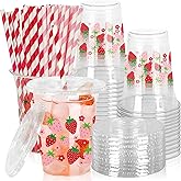 JarThenaAMCS 50Pcs Strawberry Plastic Cups with Lids and Straws Pink Red Strawberry Flower Clear Plastic Cups 12oz Disposable Cups for Summer Spring Party Supplies
