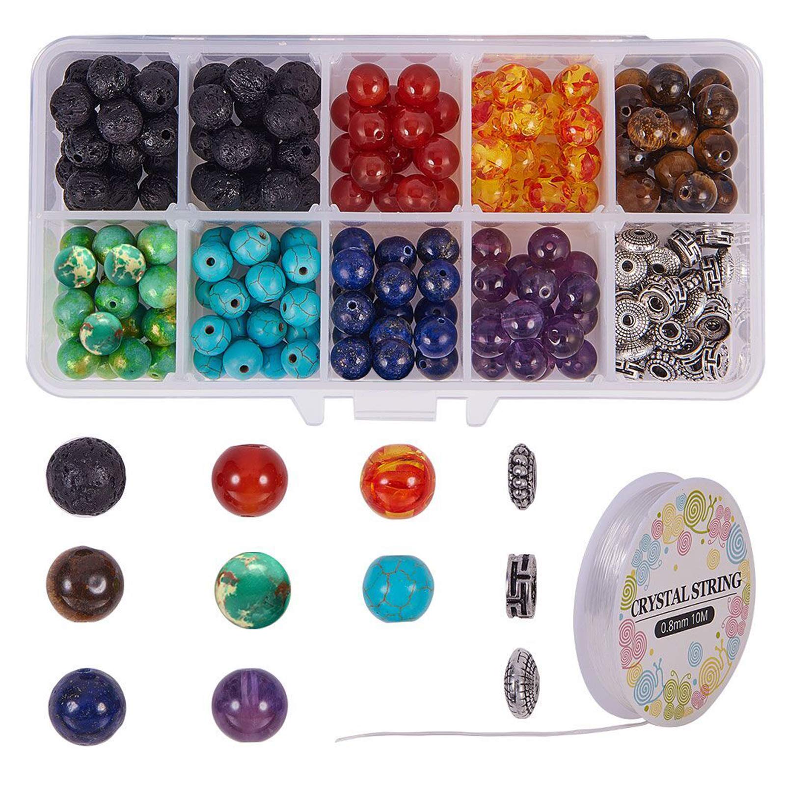 SUNNYCLUE 227pcs 8mm Chakra Lava Stone Beads Kit with Spacer Beads, Crystal Strings & Storage Box for DIY Jewelry Making