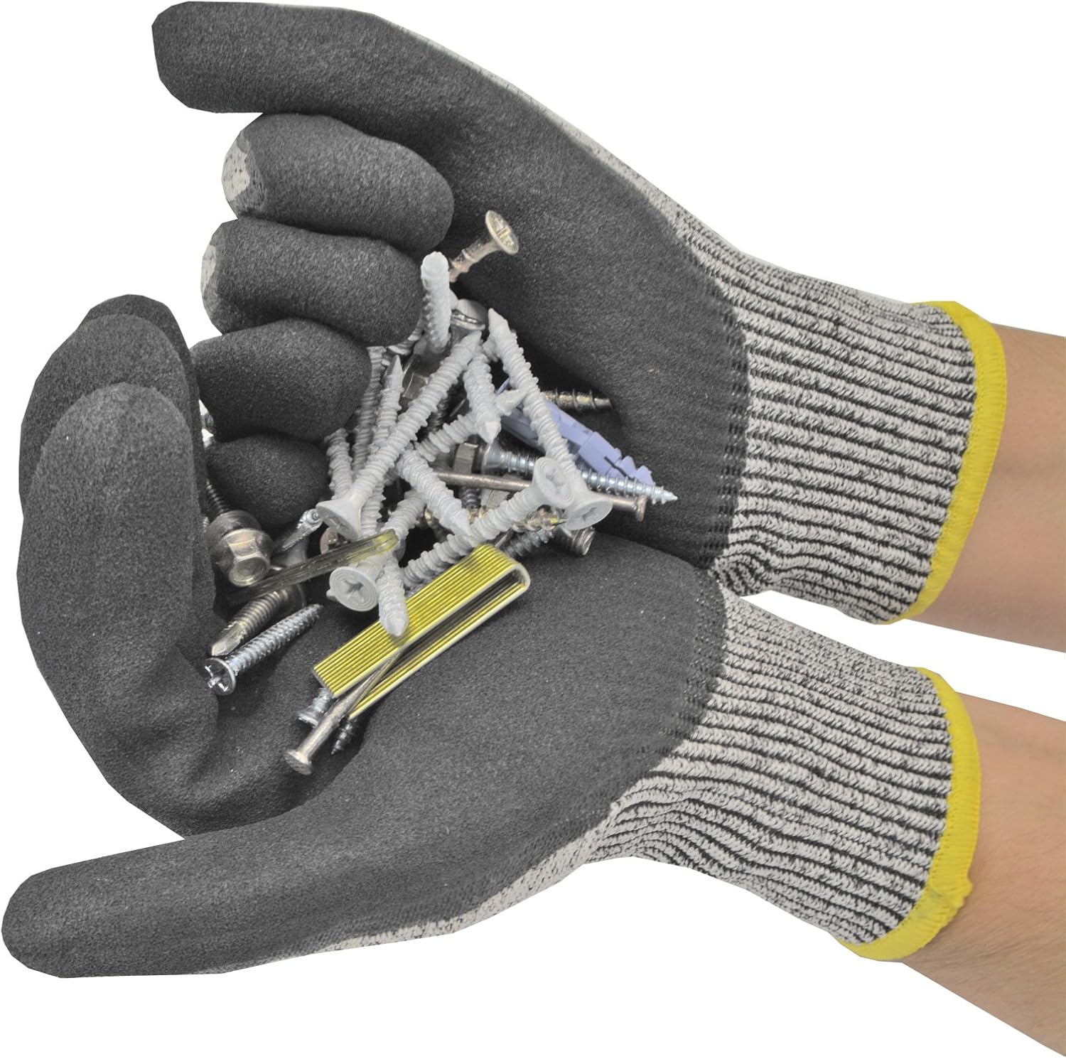 JORESTECH Safety Work Gloves Grey HPPE Knitted Fiber with Black Nitrile Sandy Finish Coating EN-388 Level 5 Pack of 12 GD-03 (Size 9-L) - - 