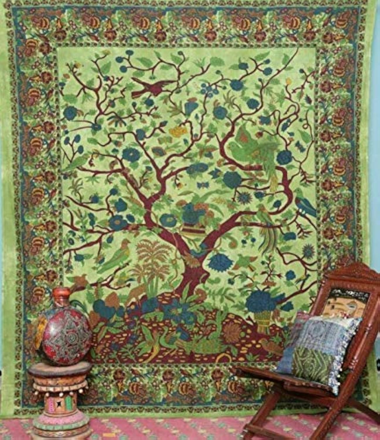 Popular Handicrafts Tapestry Tree of Life HIppie Bohemian Psychedelic Intricate Floral Design Indian Bedspread Wall Hanging 90x84 Inches,(230cmsx215cms) Green