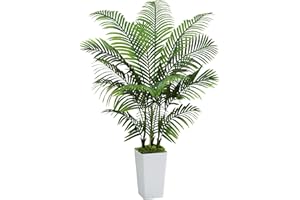 FSOHOI Artificial Areca Palm Tree 5FT Artificial Tree Outdoor Fake Majesty Palm Plant with White Tall Planter Faux Tropical P