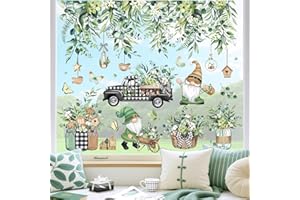 decalmile Spring Summer Hanging Vine Eucalyptus Leaves Double Sided Window Clings Green Leaf Gnome Truck Anti-Collision Glass