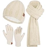 Womens Winter Warm Knit Beanie Hat Touchscreen Gloves Long Neck Scarf Set with Fleece Lined Skull Caps Gifts for Women
