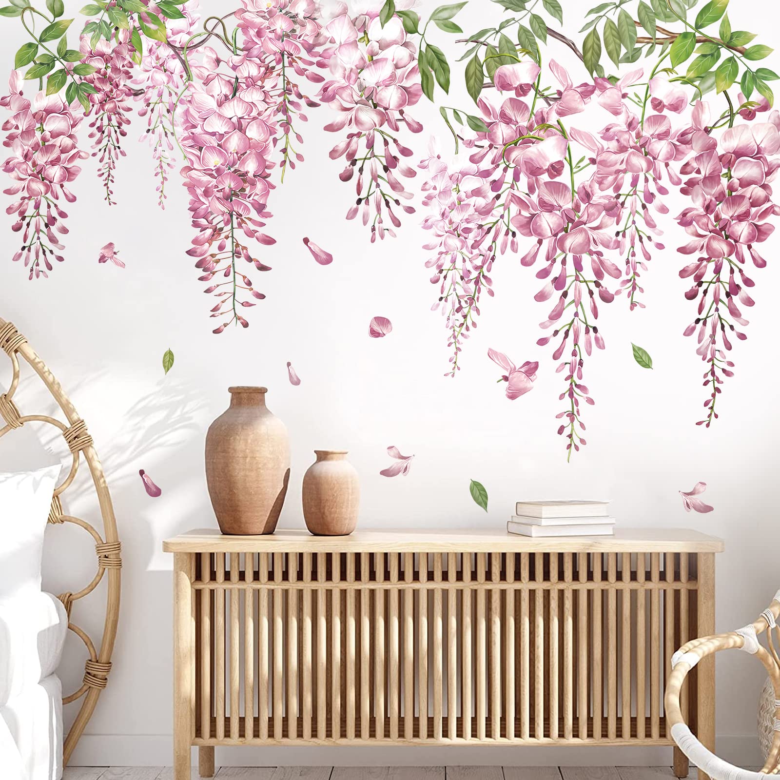 decalmile Pink Flower Vine Wall Decals Hanging Wisteria Floral Vines Branches Wall Stickers Bedroom Living Room Sofa TV Background Wall Decor