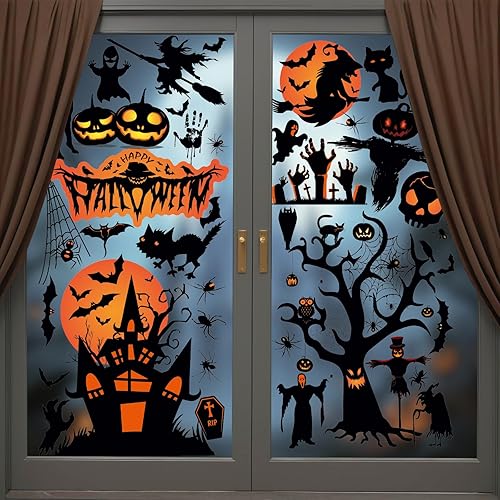 Halloween Window Stickers, Cshare Castle Bat Ghost Pumpkin Scary Halloween Window Clings Stickers Decals, Reusable Double-Sided for Party Decoration, 8 Sheets