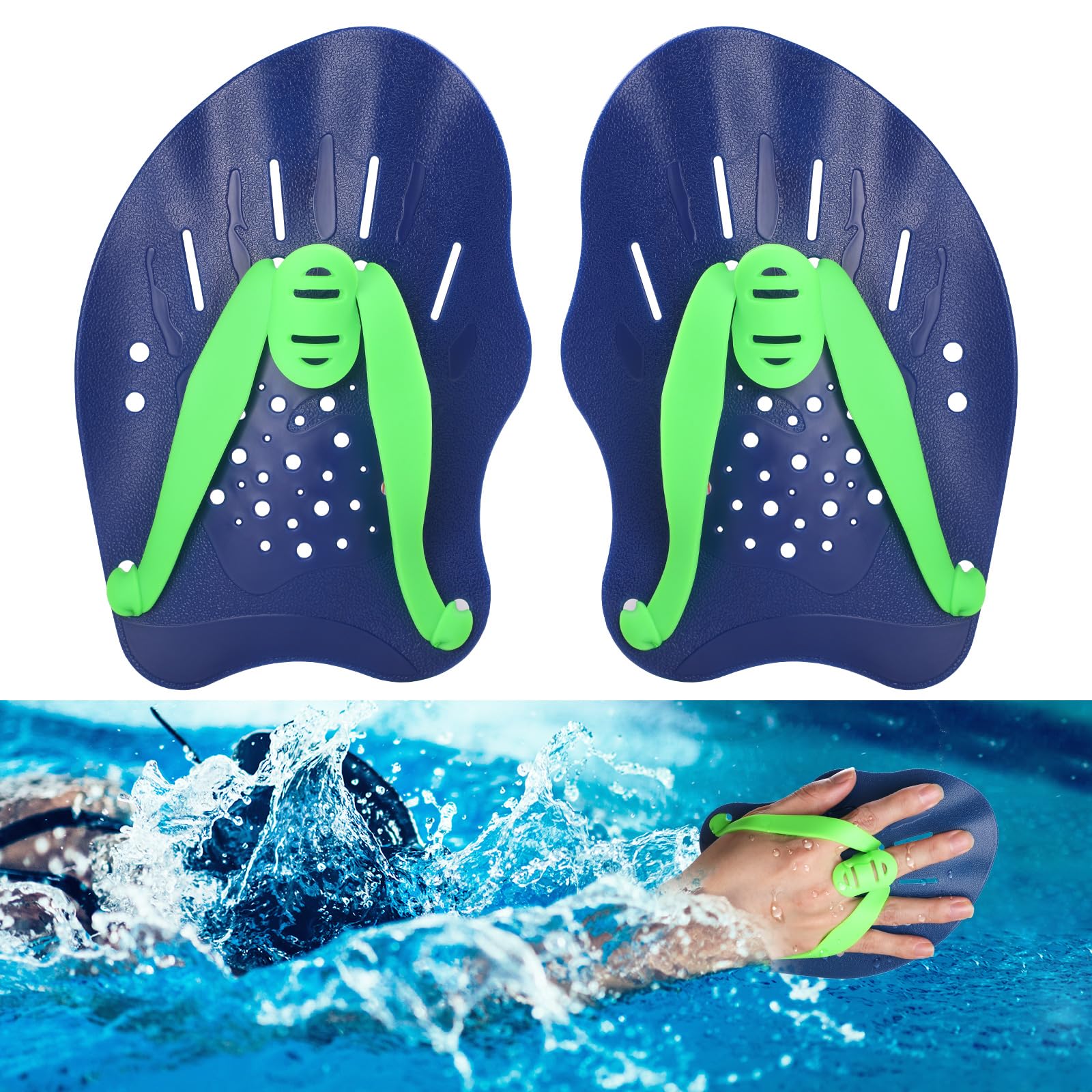 Photo 1 of Hianjoo Swimming Hand Paddles for Adult and Junior (1 Pair), Power Strength Train Swim Fins Pool Exercise Swimming Accessories for Novice and Professional Use (Blue and Green)