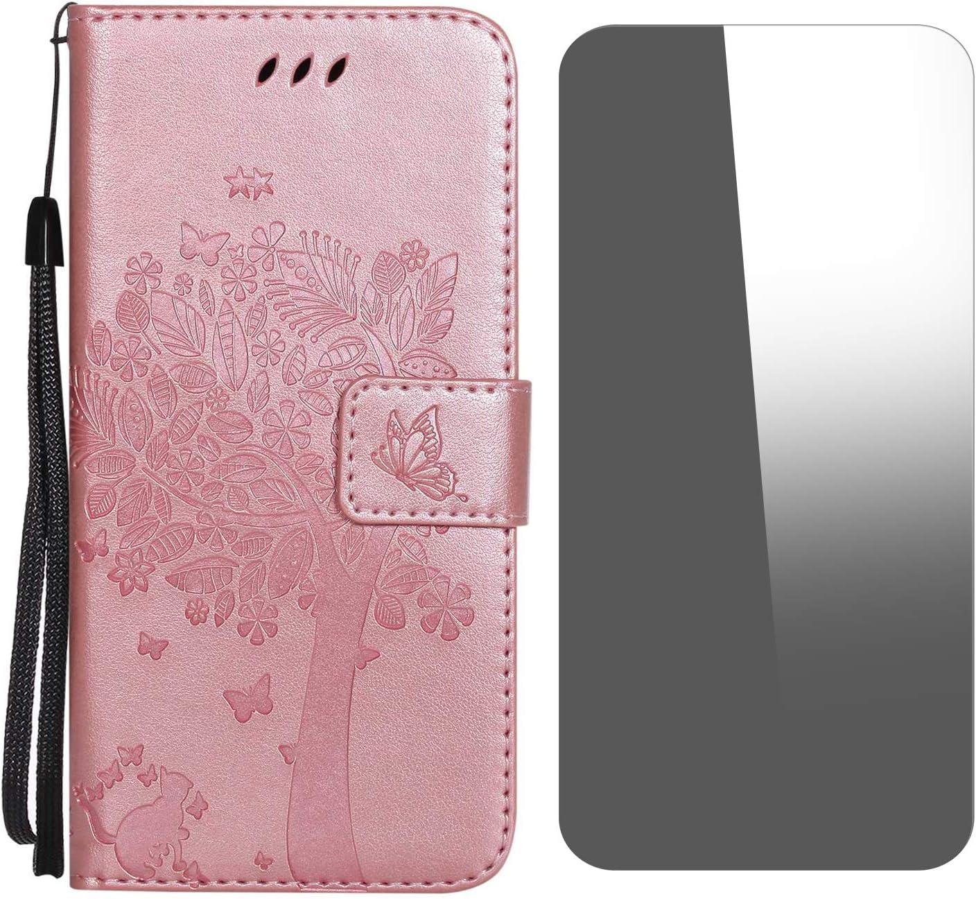 Conber Case for Samsung Galaxy J6 Plus 2018, Tree and Cat PU Leather with Tempered Glass Screen Protector - Rose Gold