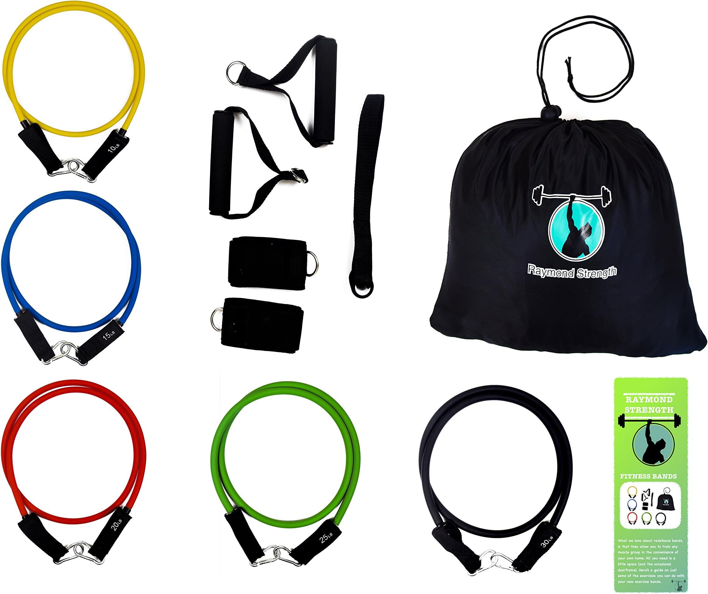 Raymond Strength 11 Piece Resistance Band Set - 5 Strength Bands, 2 Cushioned Handles, 2 Ankle Straps, Door Anchor, Portable Carry Bag and BONUS Full Body Exercise Guide! Vegan Assured.