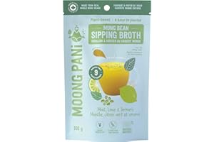 Plant-Based Moong Pani: Mung Bean Sipping Broth: VEGAN. GLUTEN-FREE. KETO-FRIENDLY. 108g 9 servings. Mint, Lime & Turmeric