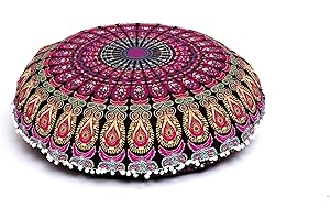 INDIAN CRAFT CASTLE ICC 32 Inch Floor Pillows & Cushion covers Decorative Hippie Mandala Pouf Pillow covers Seating Meditation Cushion Cover Bohemian Large Boho Ottoman Case Pillowcase Couch Round Pink