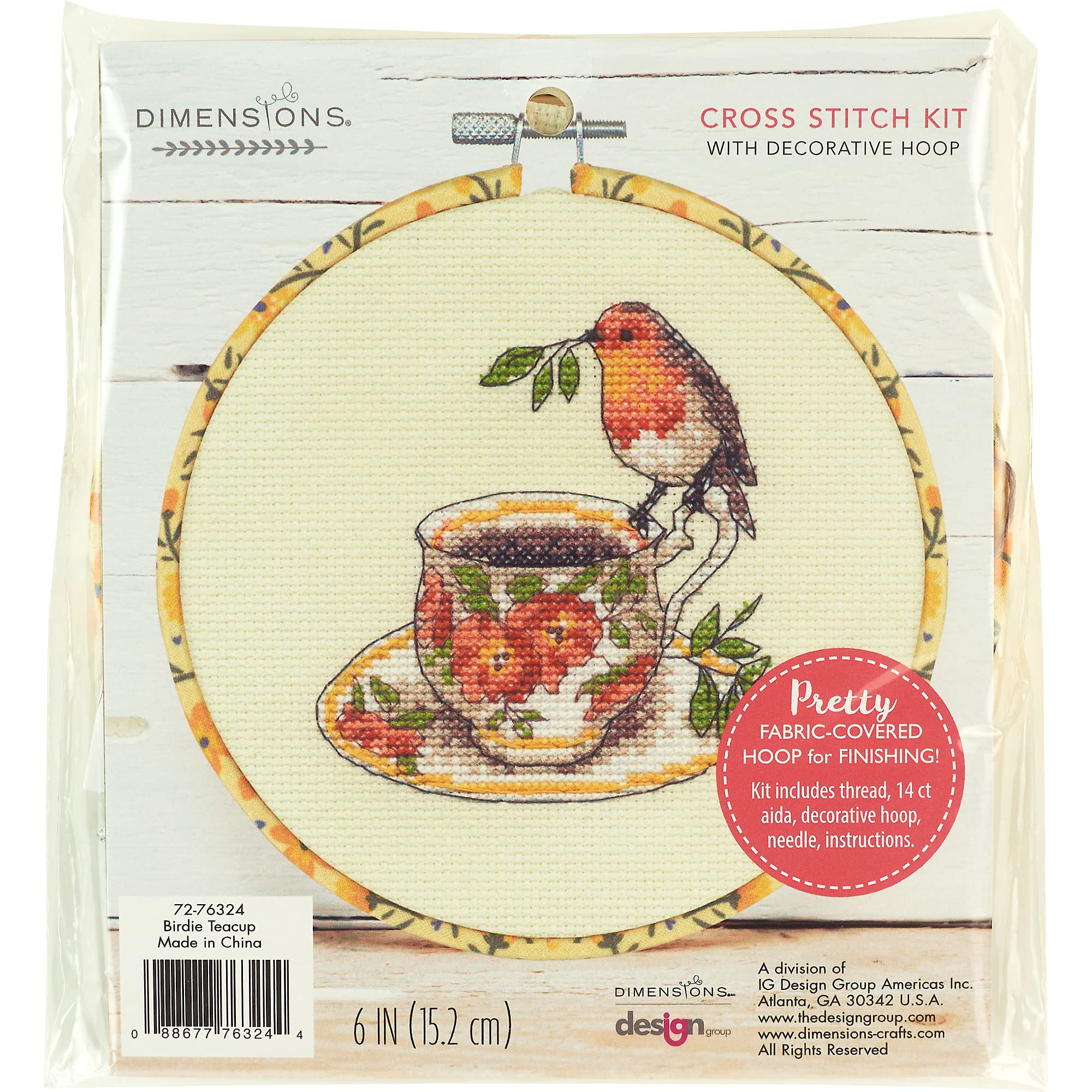 Dimensions Counted Cross Stitch Kit 6" Round-Birdie Teacup (14 Count)