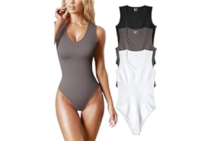 OQQ Women's 3 Piece Bodysuits Sexy Ribbed V Neck Sleeveless Tank Tops Bodysuits