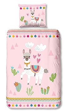 Aminata Kids - Kinder-Bettwäsche-Set 135-x-200 cm Lama-Motiv Kaktus Deko Alpaka Einhorn 100-% Baumwolle Renforce rosa Weiss b
