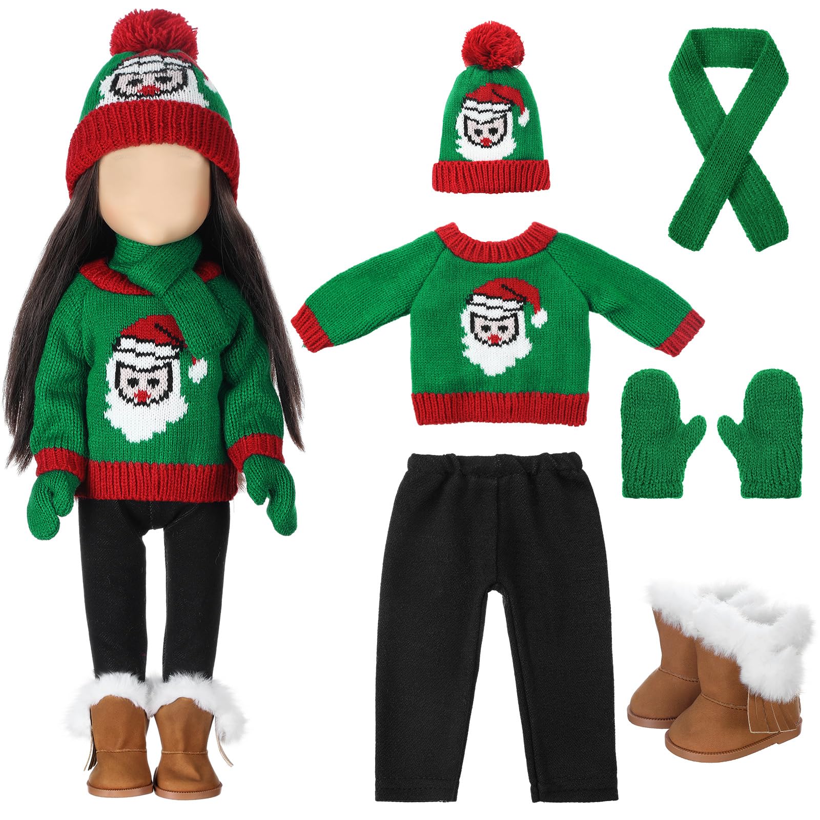 Photo 1 of Fourluoo 6 Pcs Winter 18 Inch Doll Clothes and Accessories Winter Outfits Set Sweaters Trousers Hats Shoes for 18 Inch Doll Gift(Green and Red,Santa Claus)