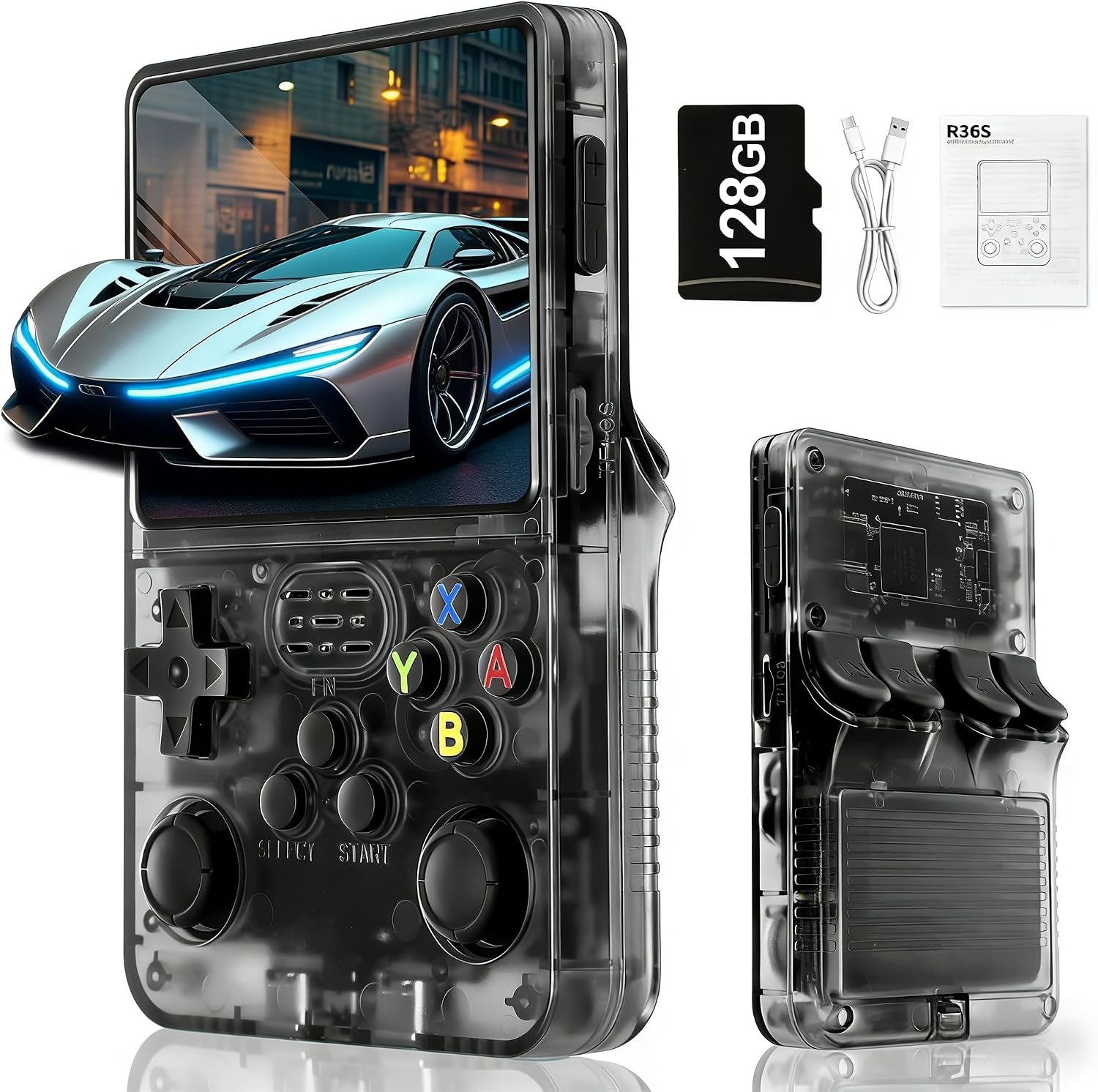 Rhesusco R36S Retro Video Game Console-3.5 Inches HD Screen,Open Source Linux System,3000mAh Rechargeable Battery,128G TF Card,30000+ Classic Video Games Portable Mini Game Console for Gifts-Black