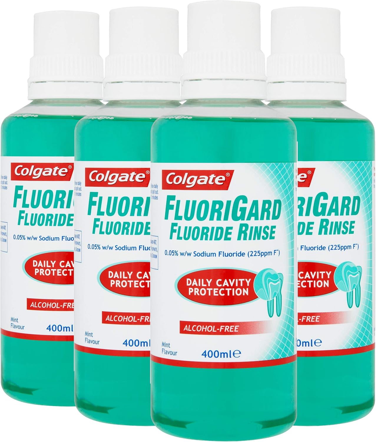 Colgate Fluorigard Fluoride Rinse Alcohol Free Mouthwash 400 ml, Daily Cavity Protection, Mint Flavour, Pack of 4