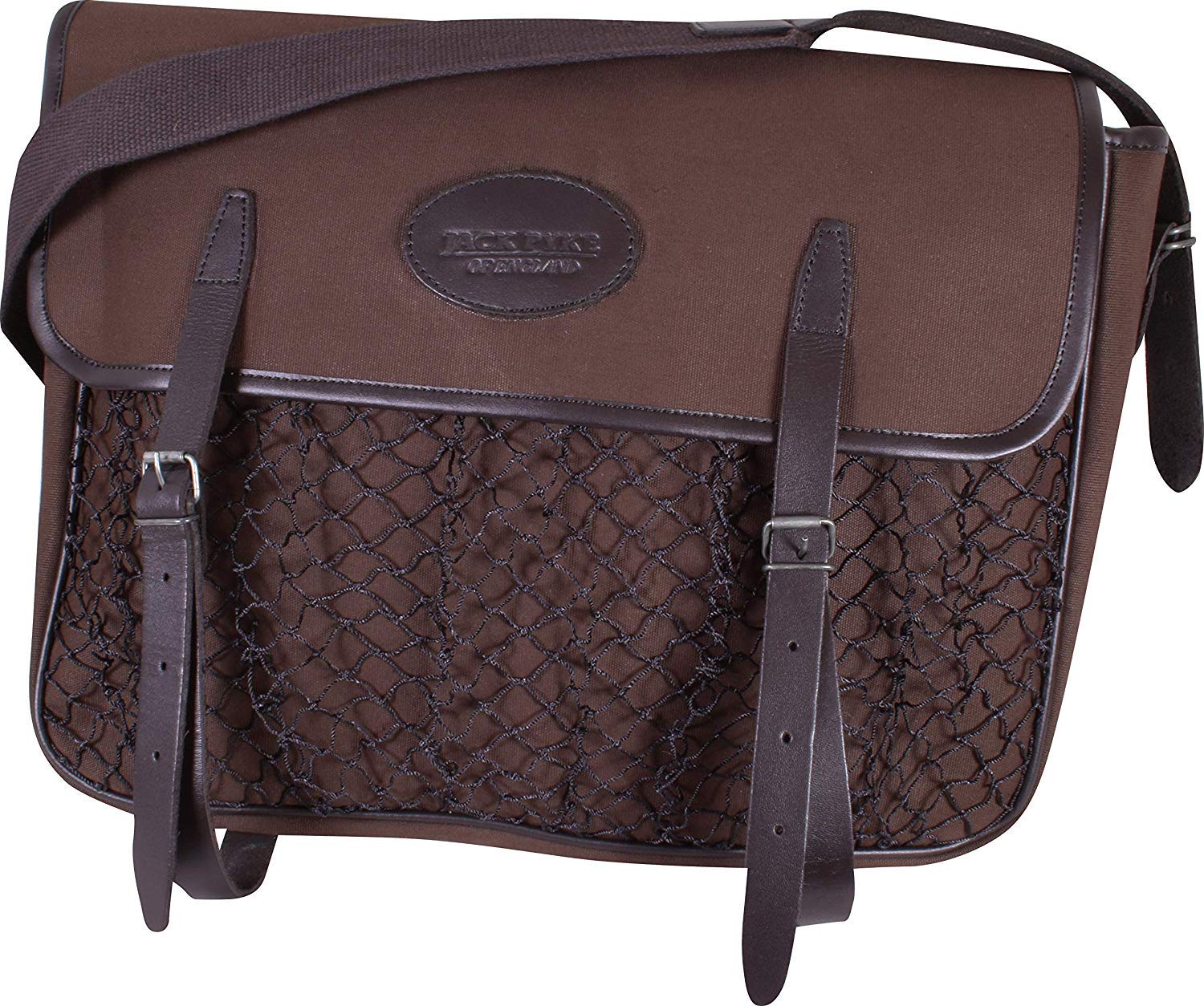JACK PYKE Heavy Cotton Canvas Game Bag – Hunting Shoulder Bag with Leather Straps, Buckle Fastening, Washable Lining & Net Front Pouch – Durable Shooting & Game Carry Bag for Outdoor Use - Brown