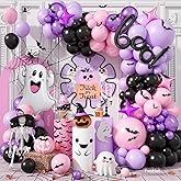 Halloween Balloon Arch Garland, Pink Purple Balloons with Star Cute Ghost Boo Foil Balloon, Metallic Purple Pink Black Latex Balloons Bat Stickers for Kids Girls Birthday Halloween Party Decorations