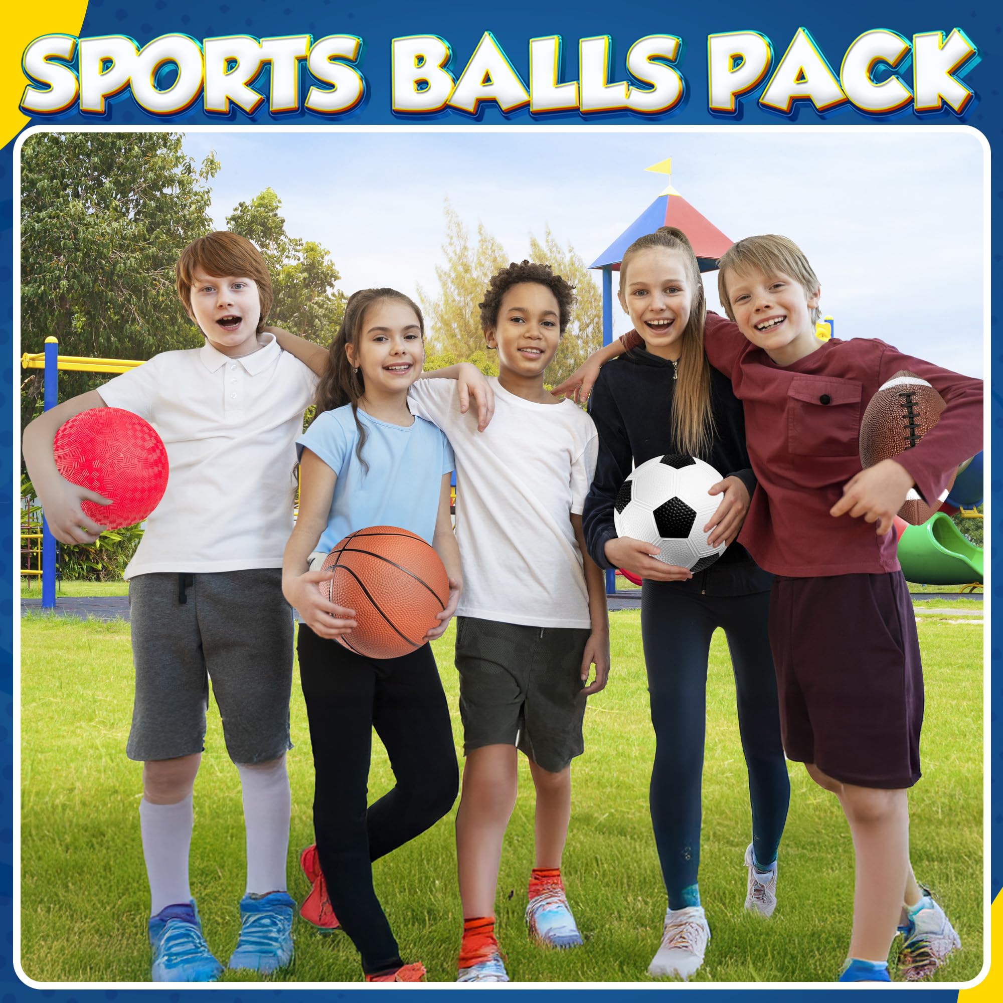 Bedwina Sports Balls for Kids & Toddlers - 5-inch Sports Balls Set Includes Football, Small Soccer Ball, Basketball, and Playground Balls, Fun Indoors & Outdoor Toys (Hand Pump Included)
