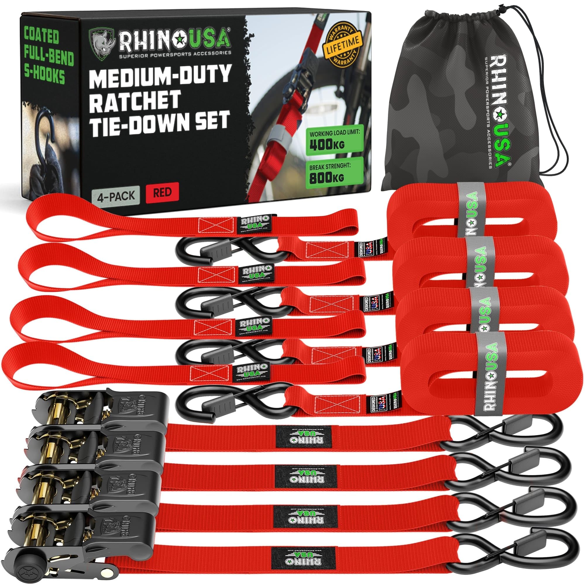Rhino USA Ratchet Straps Tie Downs (4-Pack) - 2.5cm x 4.6m (800kg Break Strength) - Ultimate Tie Down Straps with Safety S Hooks - Premium Straps for Trucks, Cargo, Moving, Appliances - Red