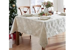 Newbridge Metallic Snowflake Christmas No-Iron Soil Resistant Fabric Holiday Tablecloths - 60 X 120 Oblong, Ivory/Gold