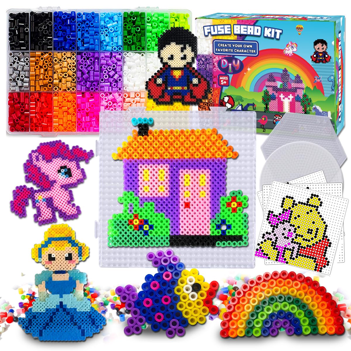 Fuse Beads Craft Kit - 5500PCS 5mm Bead 111 Patterns Melty Fusion Colored Beads Arts & Crafts Pearler Set 21 Different Color Brithdays Easter Gifts for Kids Girls Age 5 6 7
