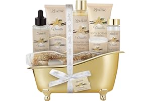 LOVESTEE Mothers Day Gifts, Spa Basket for Women, Vanilla Bath & Body Set, Christmas & Birthday Gift, Includes Shower Gel, Body Lotion, Hand Cream, Body Scrub, Message Oil, Candle, Eye Mask, Confetti