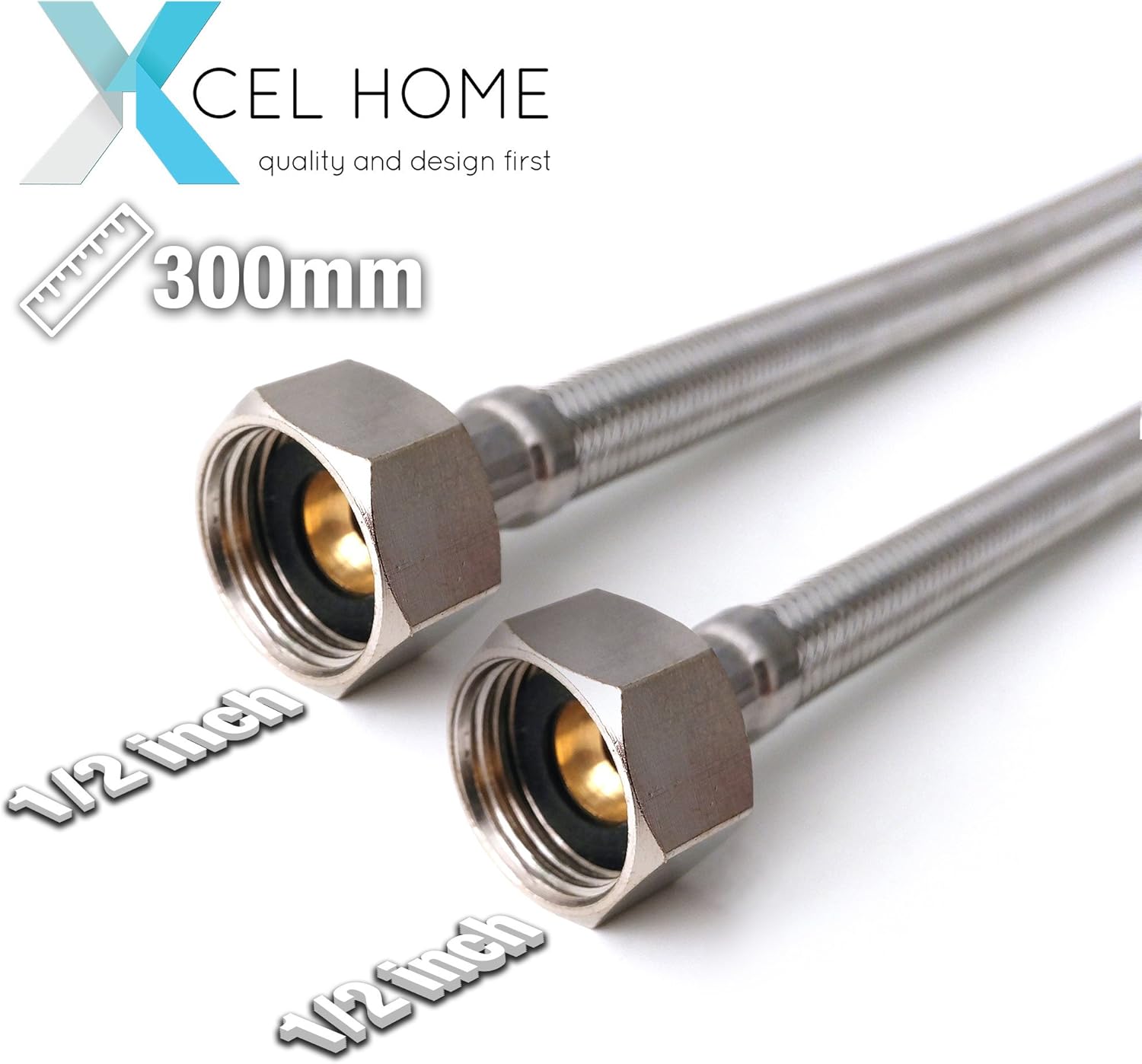 Xcel Home 2 (Pair of) 1/2" x 1/2" BSP (900 mm) Flexible Tap Connector, Silver, 900mm - Image 3