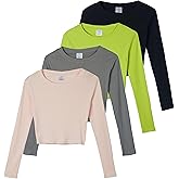 Real Essentials 4-Pack: Women's Long Sleeve Ribbed Knit Cotton Crew Neck Crop Top Shirt - (Available in Plus)