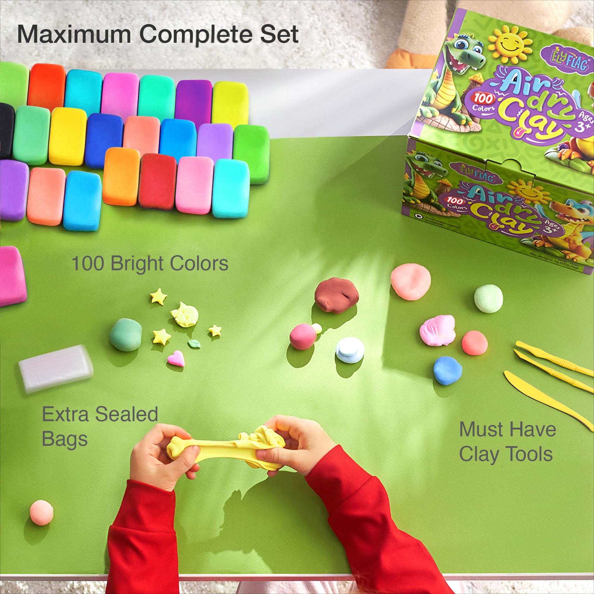 FlyFlag Air Dry Clay - 100 Colors, Ultra Light and Soft, Non-Toxic Modeling Clay for Kids with Tools and Tutorials, for Creative Play and Learning