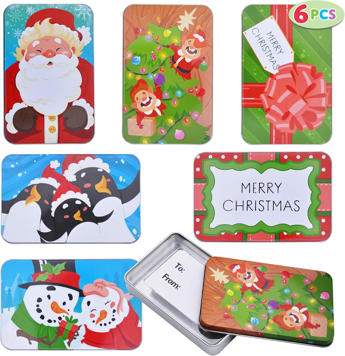 6 Christmas Gift Card Tin Holders Boxes 5” x 3.25” x 0.75