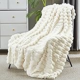 JONIYEAR Soft Fluffy Striped Faux Rabbit Fur Throw Blanket for Couch 50" x 60", Decorative 3D Geometric Warm Fuzzy Fur Blankets for Winter, Reversible Shaggy Cozy Furry Blanket for Sofa, Cream White
