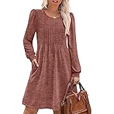 OFEEFAN Long Sleeve Dress for Women Pleated Crew Neck Casual Babydoll Sweater Dress with Pockets Fall Outfits Fashion