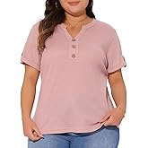 Agnes Orinda Women's Plus Size Waffle Tunic Tops Loose Short Sleeve Button V Neck Summer Tshirt Casual Blouse