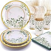 Primoplo Sage Green Plates and Napkins Party Supplies - Sage Green Paper Plates Tableware Set for Baby Shower, Gender Neutral Birthday, Bride Shower, Wedding Table Decor, Serves 24